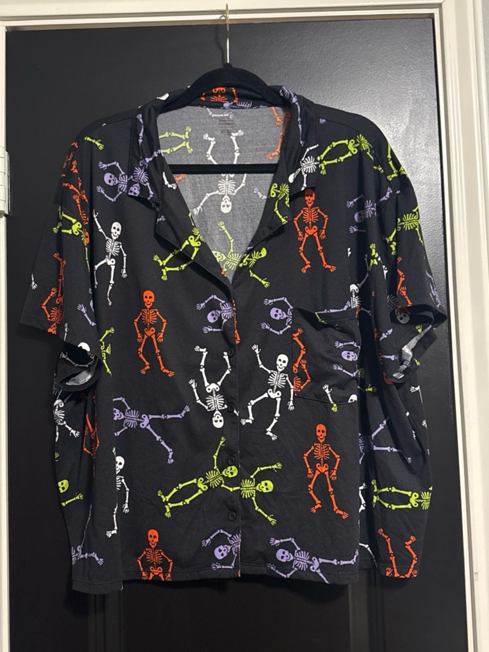 Halloween Black Button-Up Shirt with Neon Skeleton Print